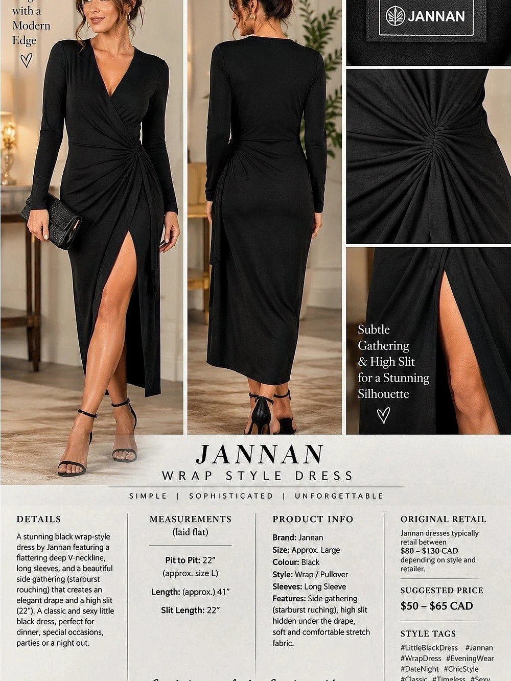 22” ptp JANNAN Wrap Style Dress Black Long Sleeve Maxi Small NWT